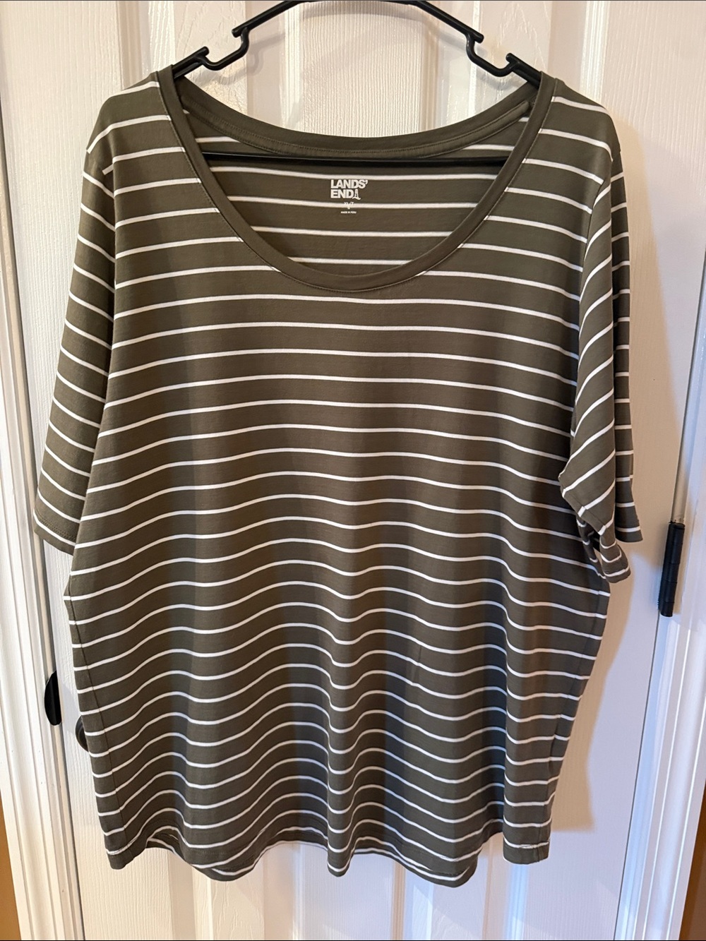 Lands' End Olive and White Striped Scoop-Neck Tee